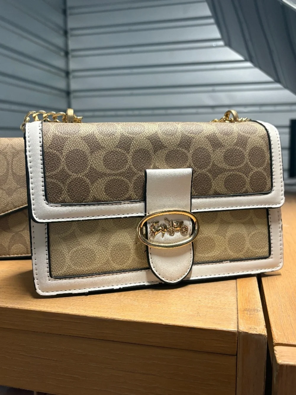 Coach Brown and White Crossbody Bag With Gold Chain